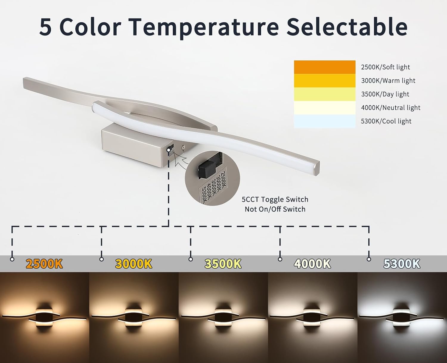23" Brushed Nickel 5CCT Dimmable LED Vanity Light