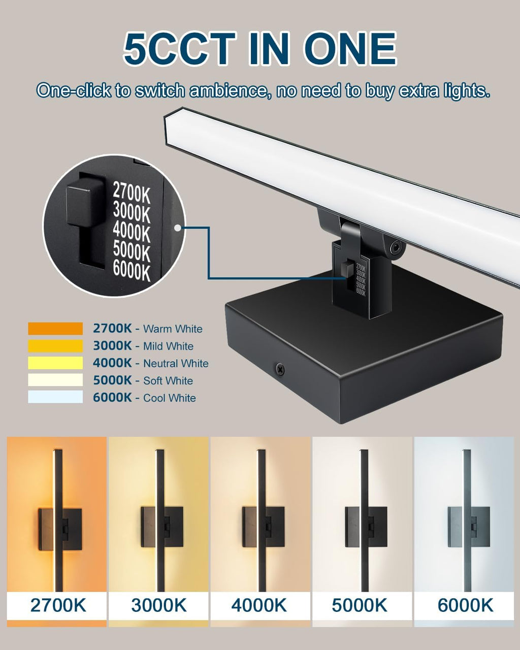 Rotatable Black LED Bathroom Vanity Light 5CCT Dimmable
