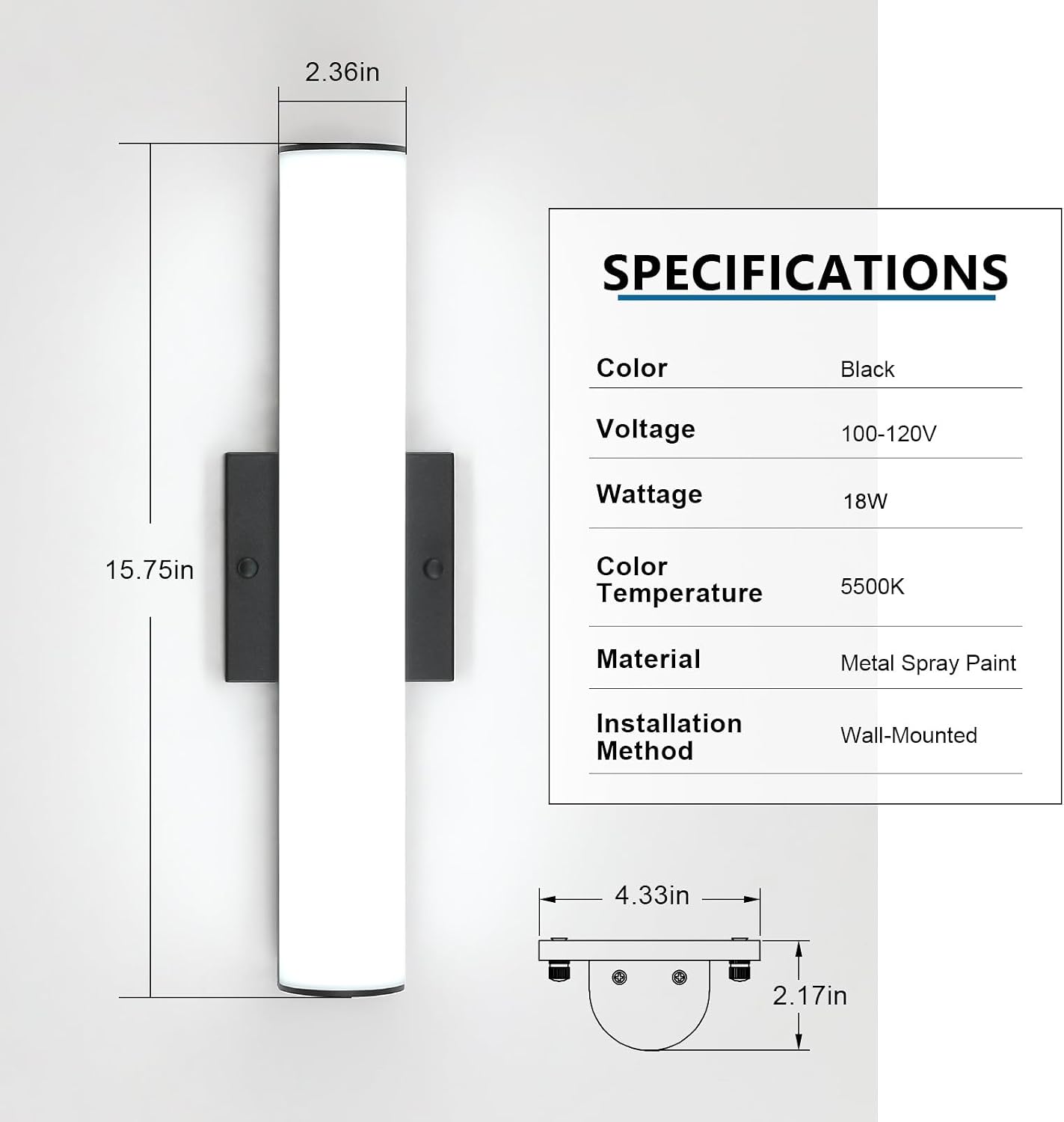 16 Inch Black Linear LED Bathroom Vanity Light