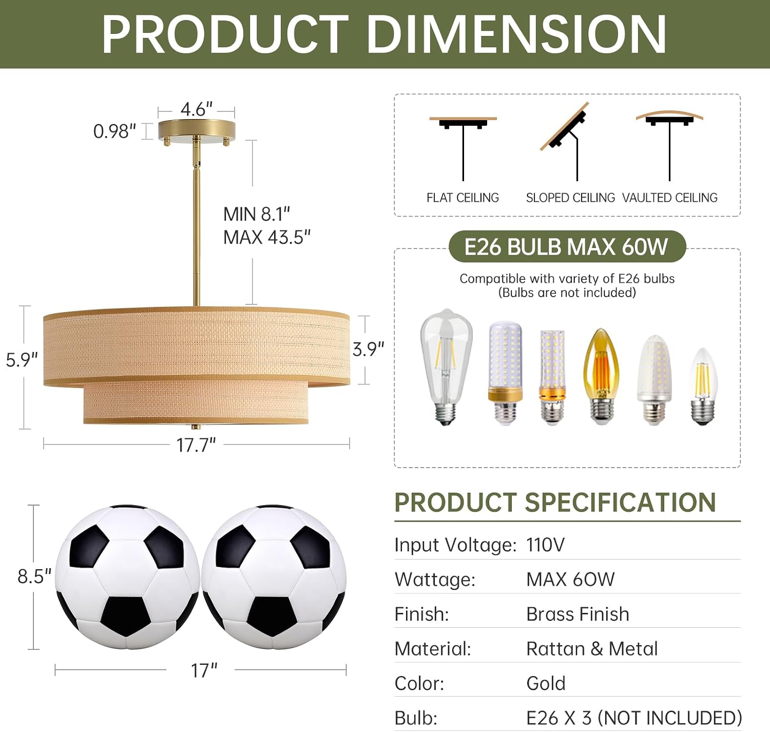 3-Light Brass Rattan Flush Mount Boho Light