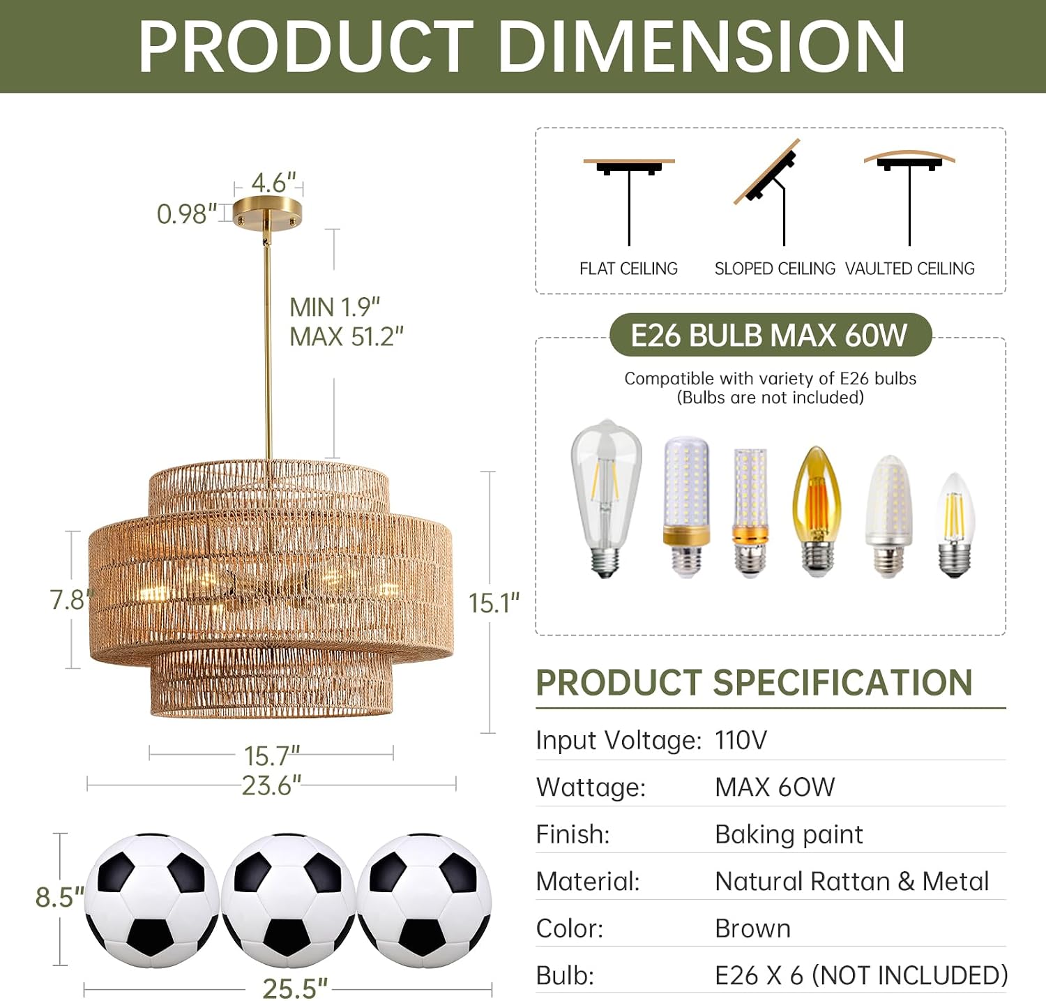 6-Light Large Woven Rattan Boho Farmhouse Chandelier