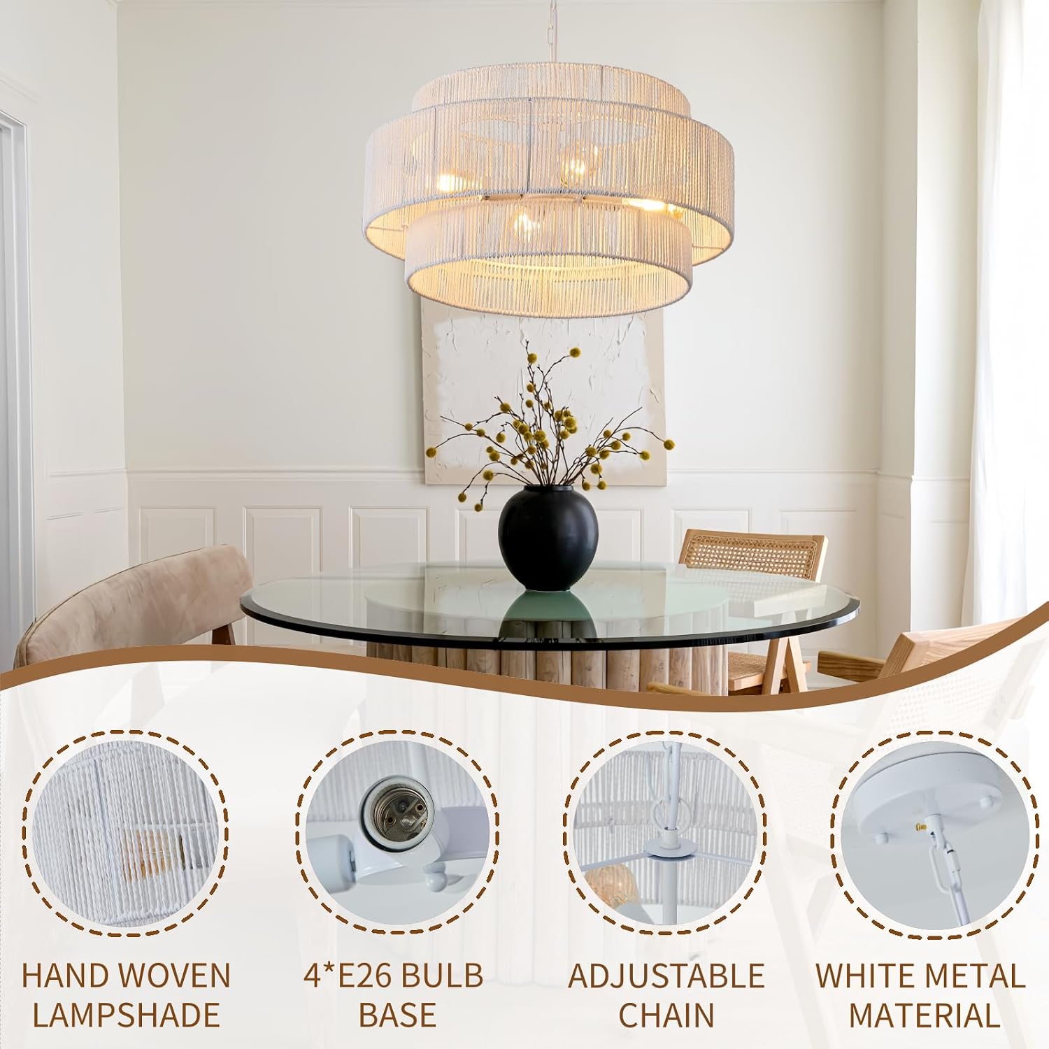 3-Tier White Rattan Coastal Pendant Light