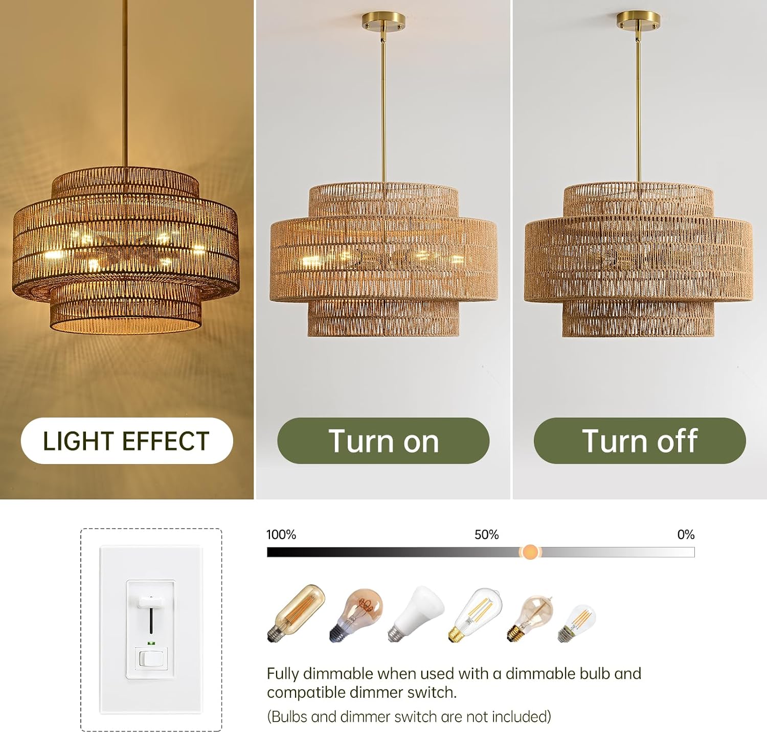 6-Light Large Woven Rattan Boho Farmhouse Chandelier
