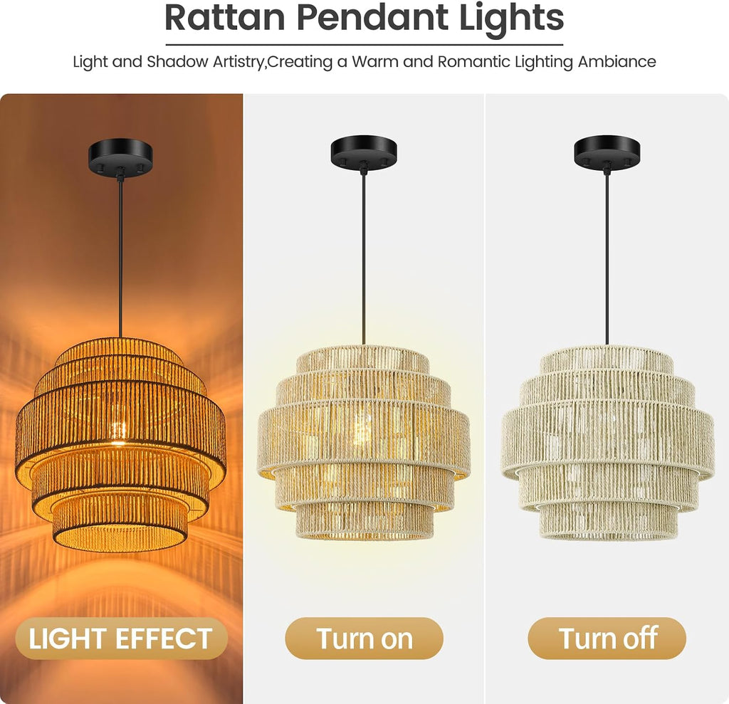 Beige 5-Tier Woven Rattan Boho Pendant Light