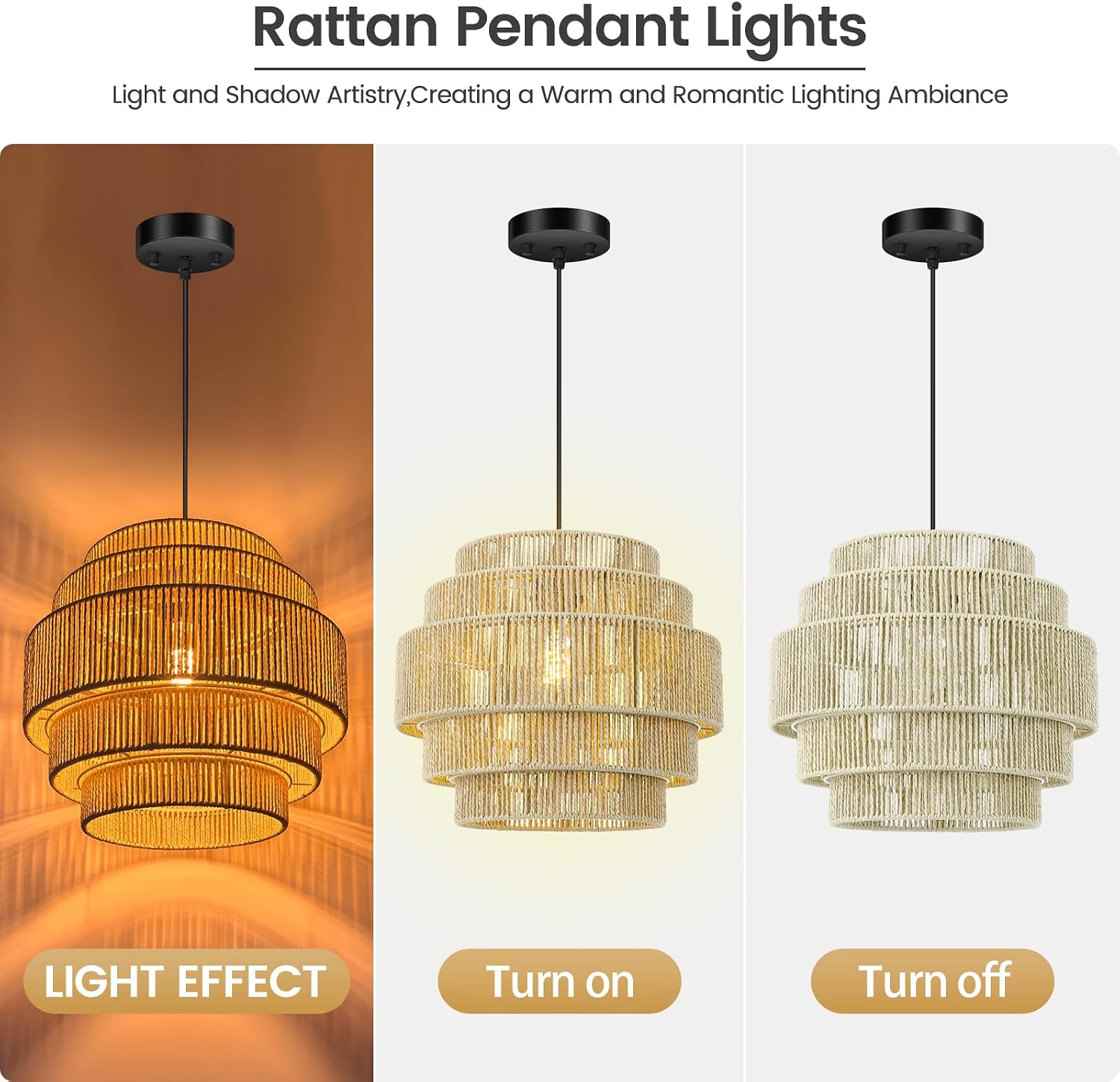 Beige 5-Tier Woven Rattan Boho Pendant Light