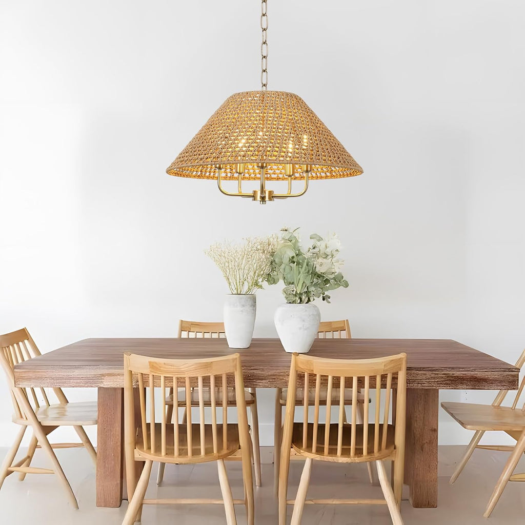 5-Light Cone Wicker Rattan Farmhouse Chandelier