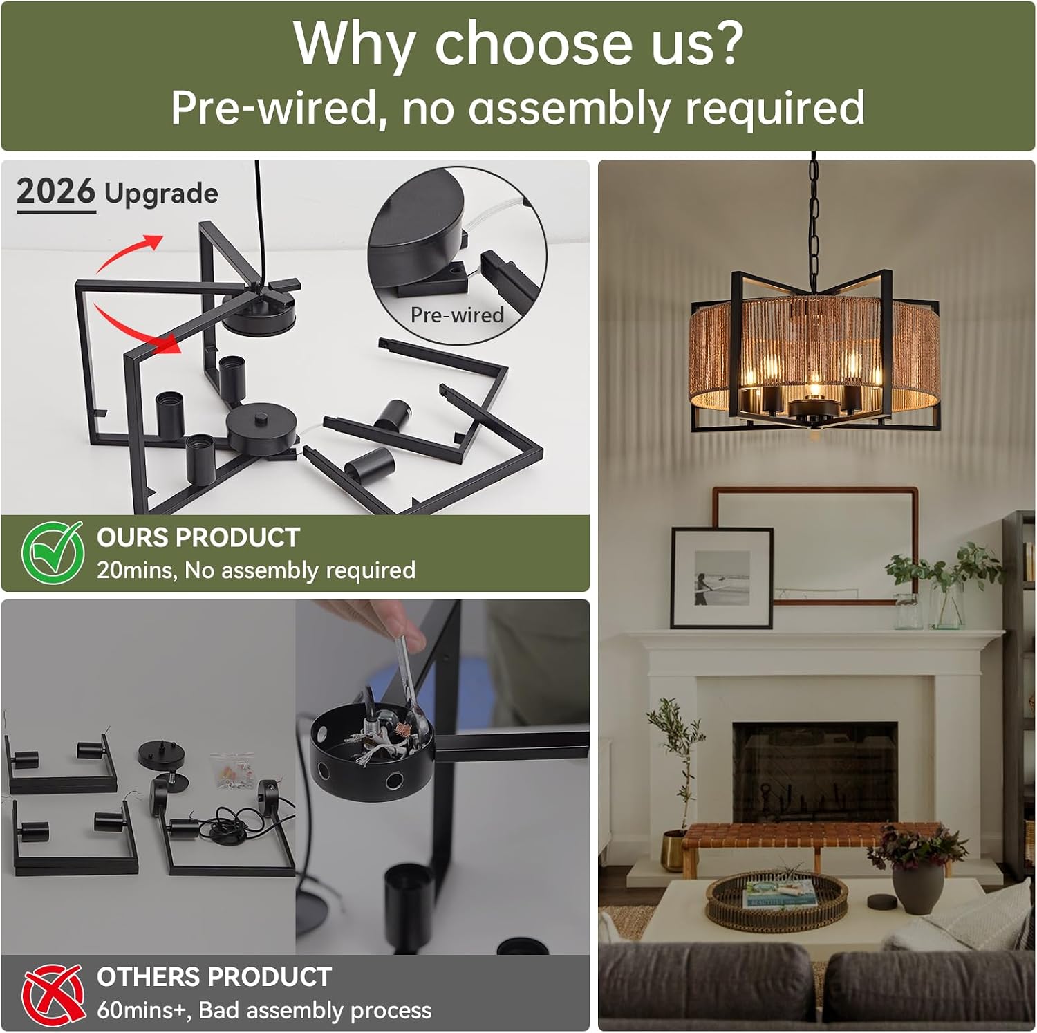 Black 5-Light Rattan Farmhouse Chandelier