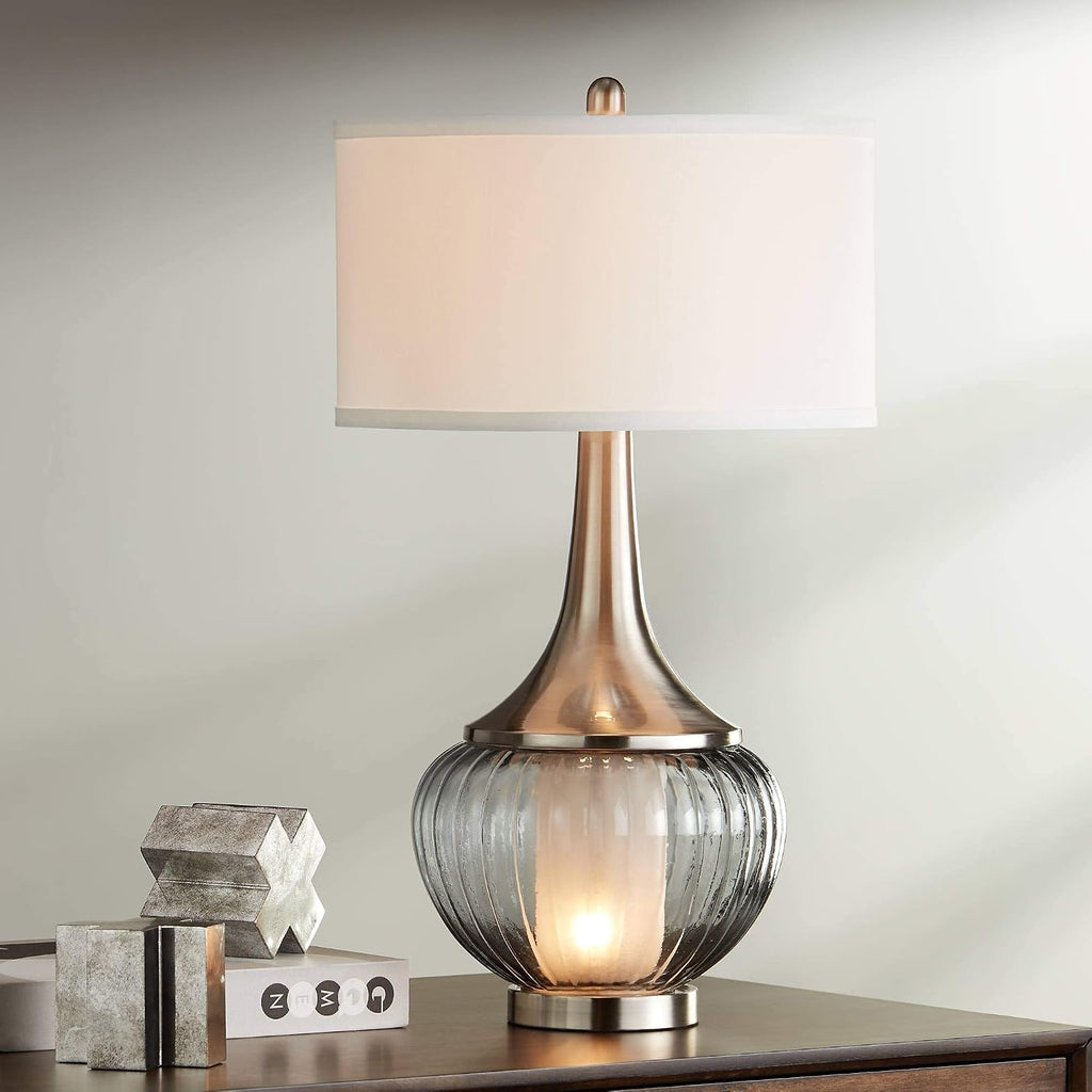Nickel Ribbed Glass Table Lamp