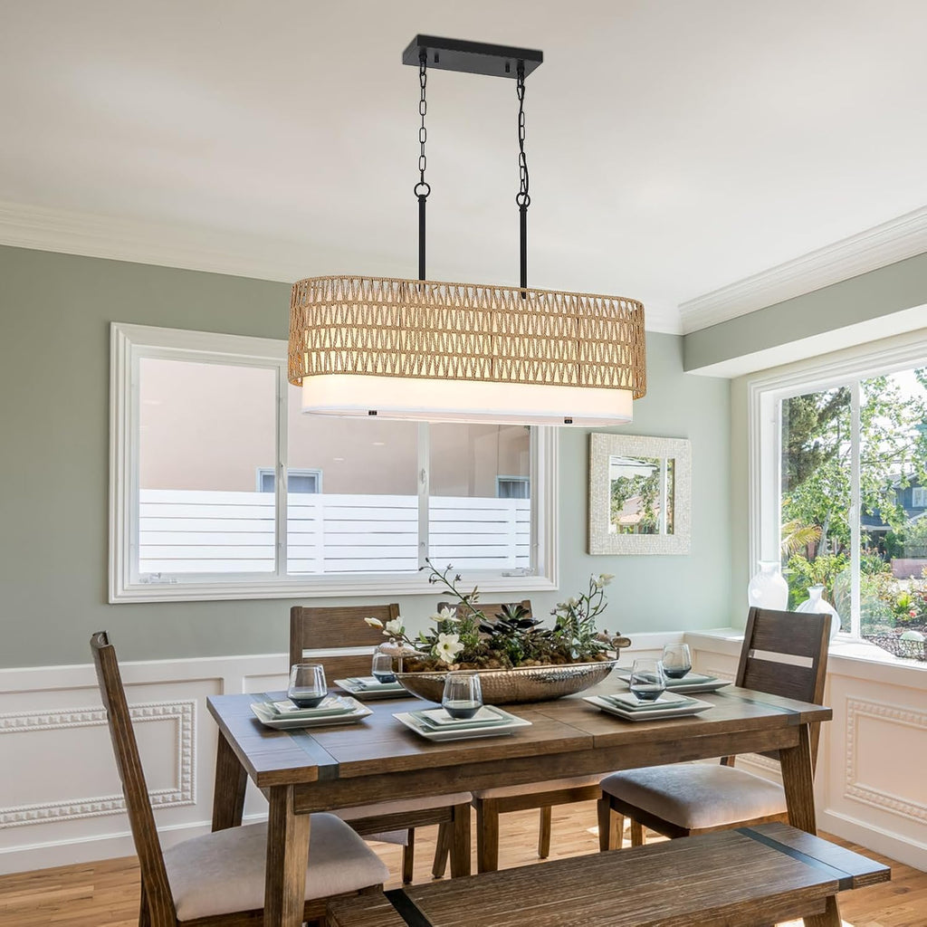 31.5" Linear Fabric Rattan 5-Light Farmhouse Chandelier
