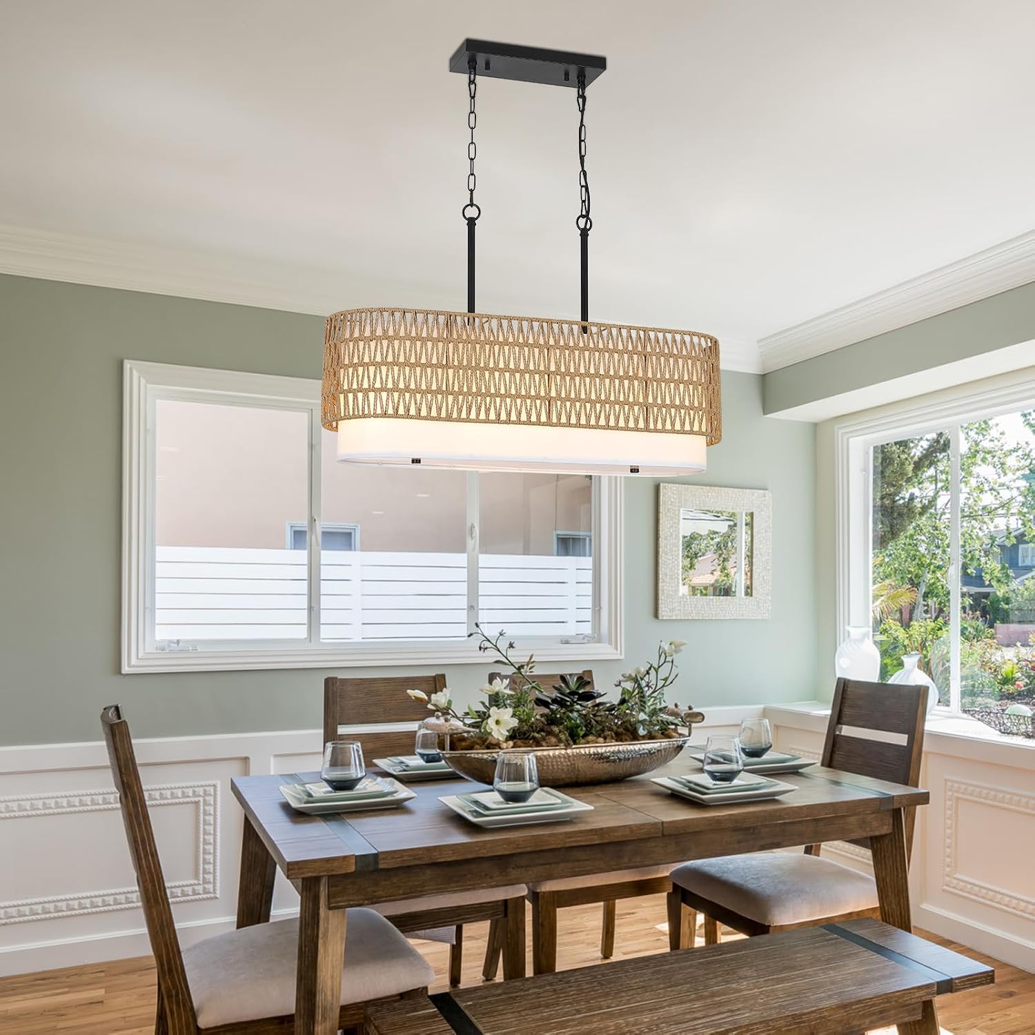31.5" Linear Fabric Rattan 5-Light Farmhouse Chandelier