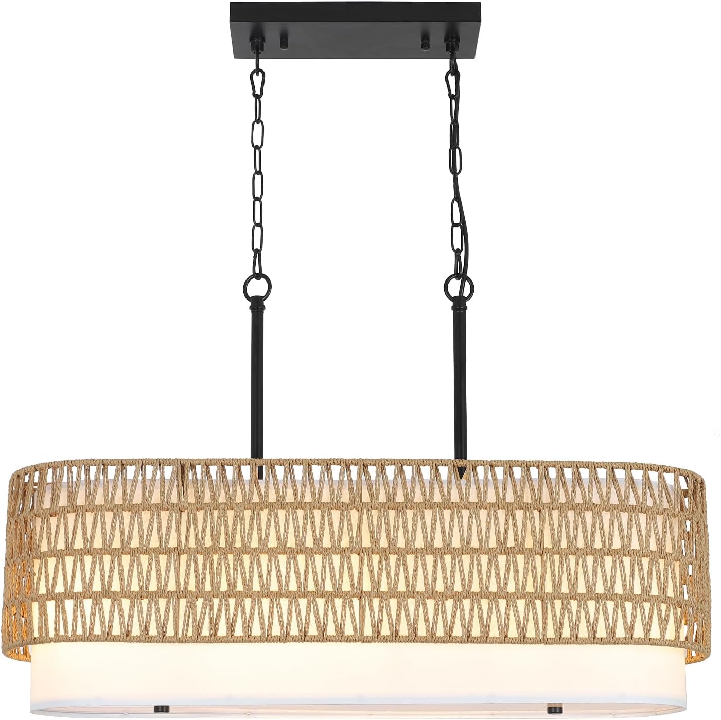 31.5" Linear Fabric Rattan 5-Light Farmhouse Chandelier