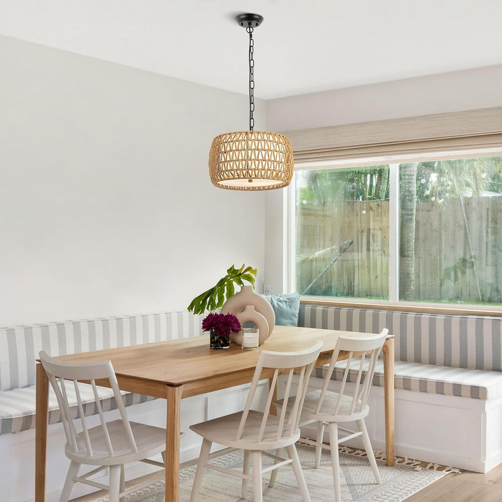 3-Light Drum Rattan Boho Pendant Light