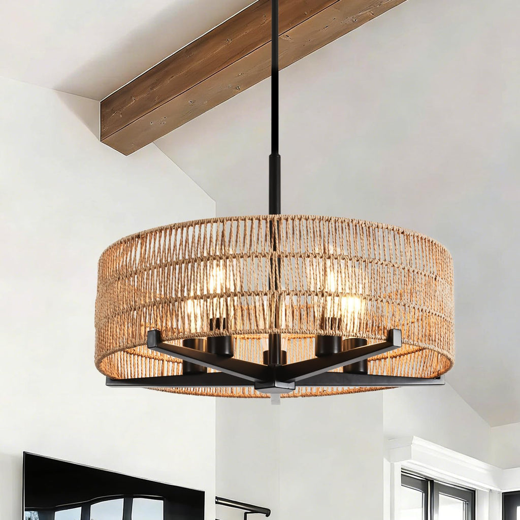 5-Light Natural Rattan Boho Farmhouse Chandelier