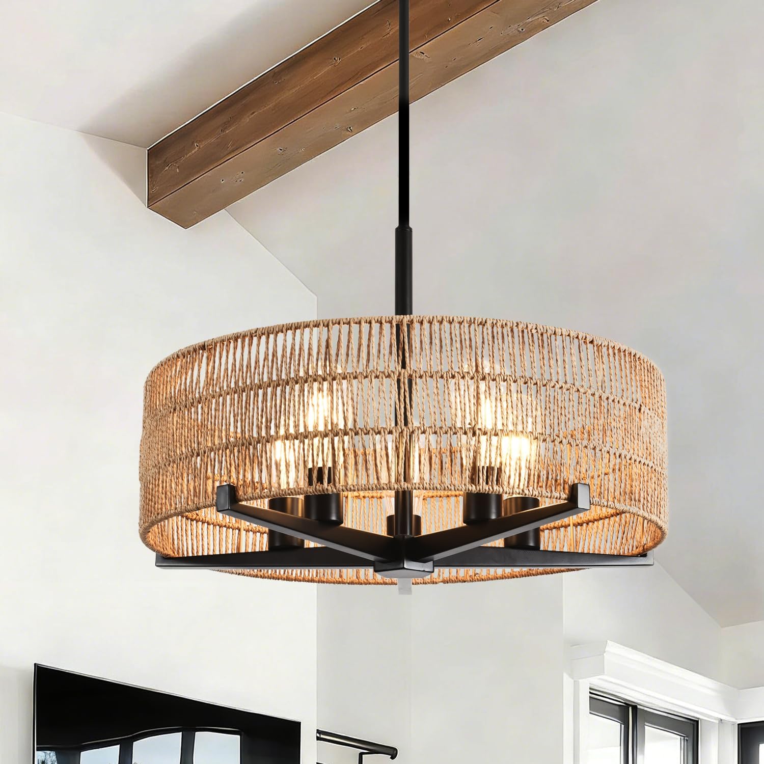5-Light Natural Rattan Boho Farmhouse Chandelier