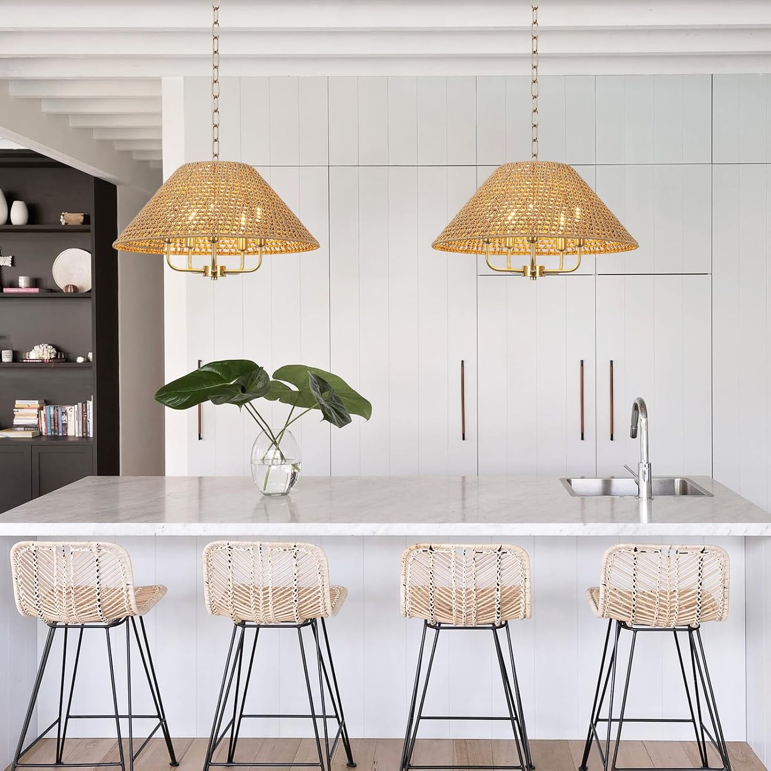 5-Light Cone Wicker Rattan Farmhouse Chandelier