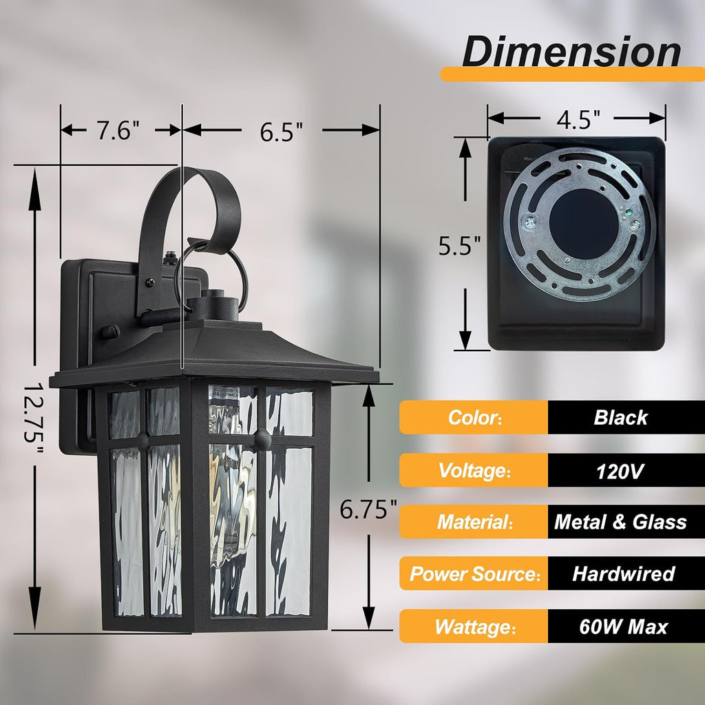 2 Pack Black Ripple Glass Outdoor Wall Lights