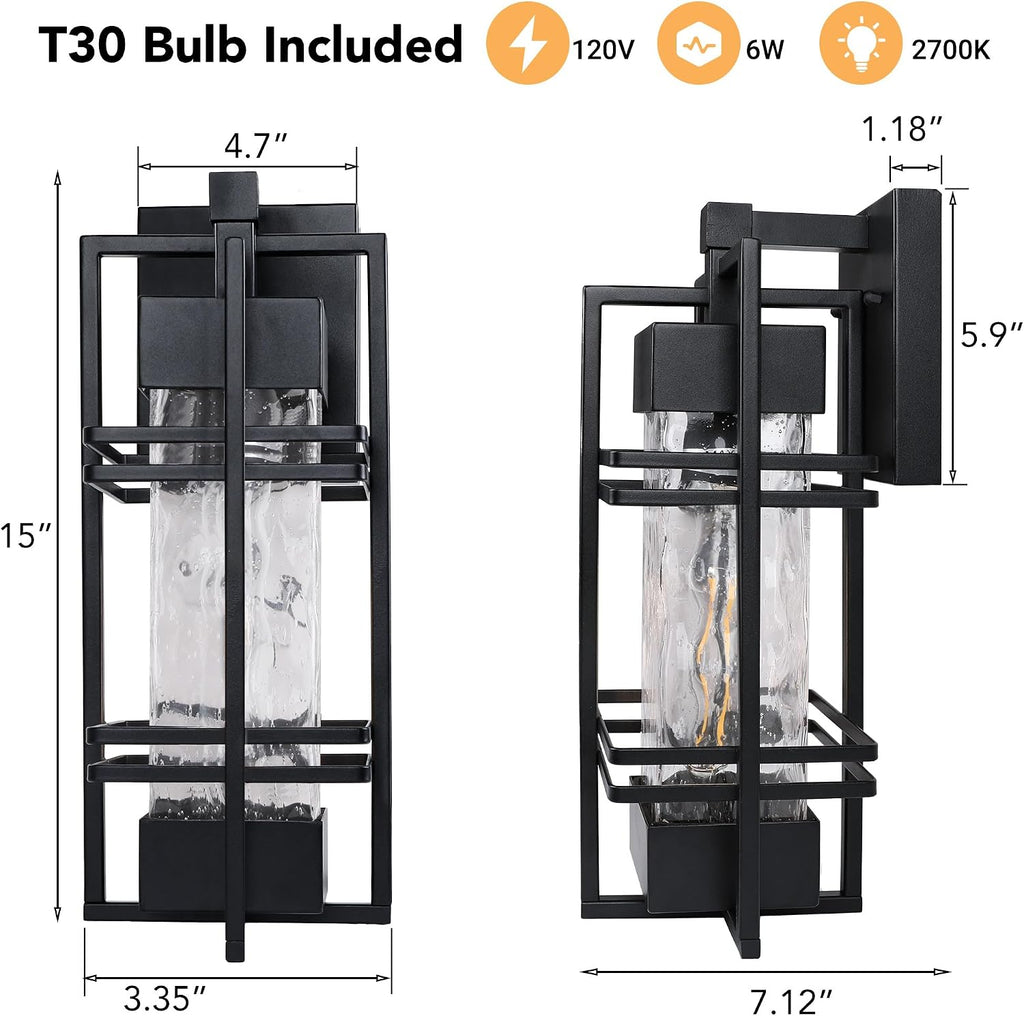 2 Pack Black Water Ripple Outdoor Wall Sconce
