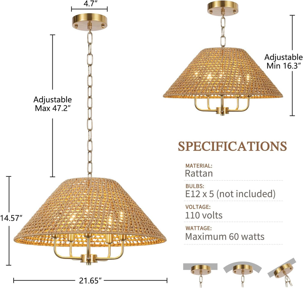 5-Light Cone Wicker Rattan Farmhouse Chandelier