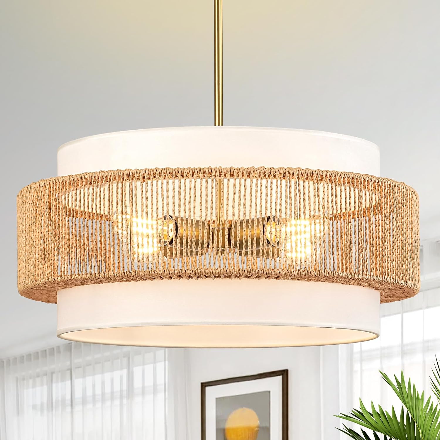 4-Light Fabric Shade Rattan Boho Chandelier