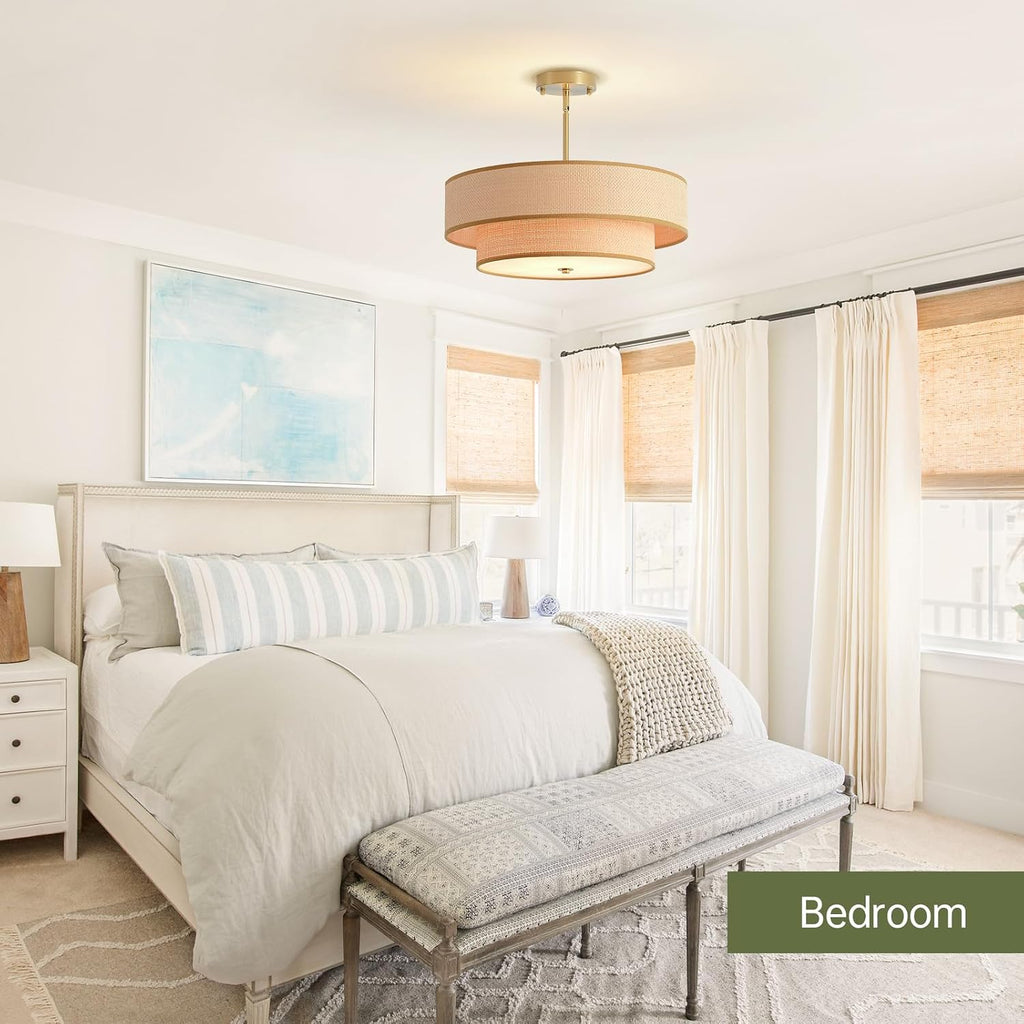 3-Light Brass Rattan Flush Mount Boho Light