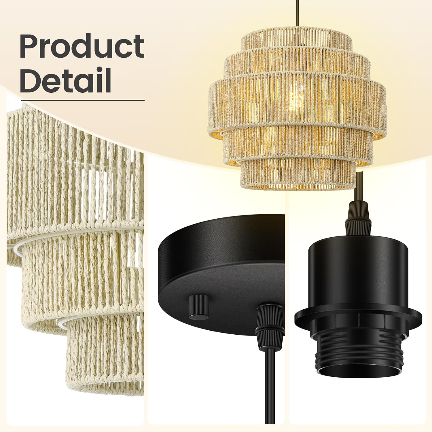 Beige 5-Tier Woven Rattan Boho Pendant Light