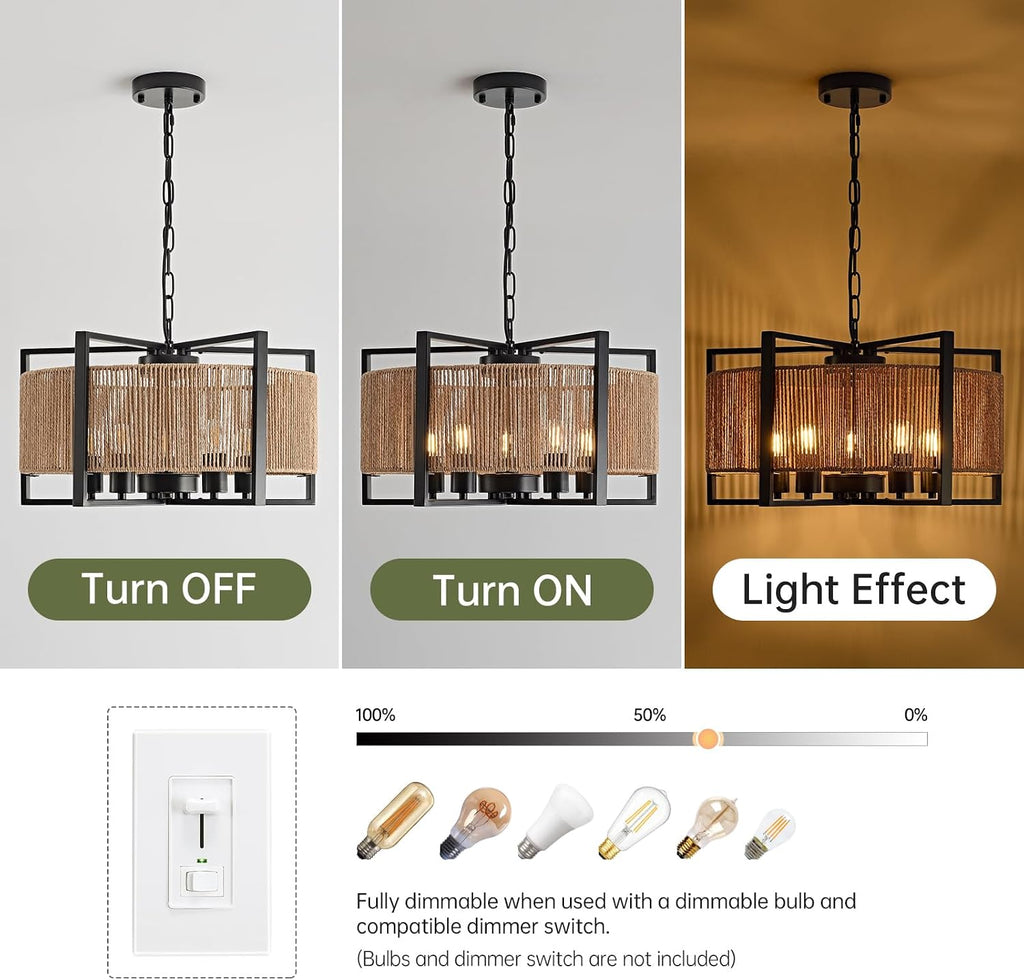 Black 5-Light Rattan Farmhouse Chandelier