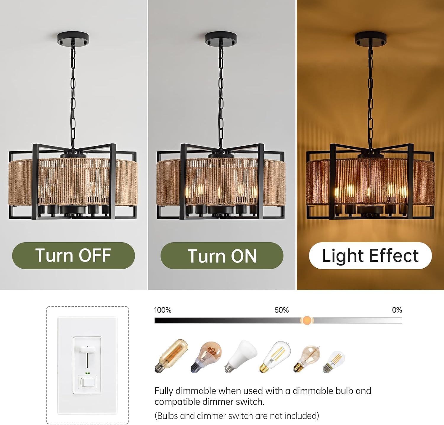Black 5-Light Rattan Farmhouse Chandelier