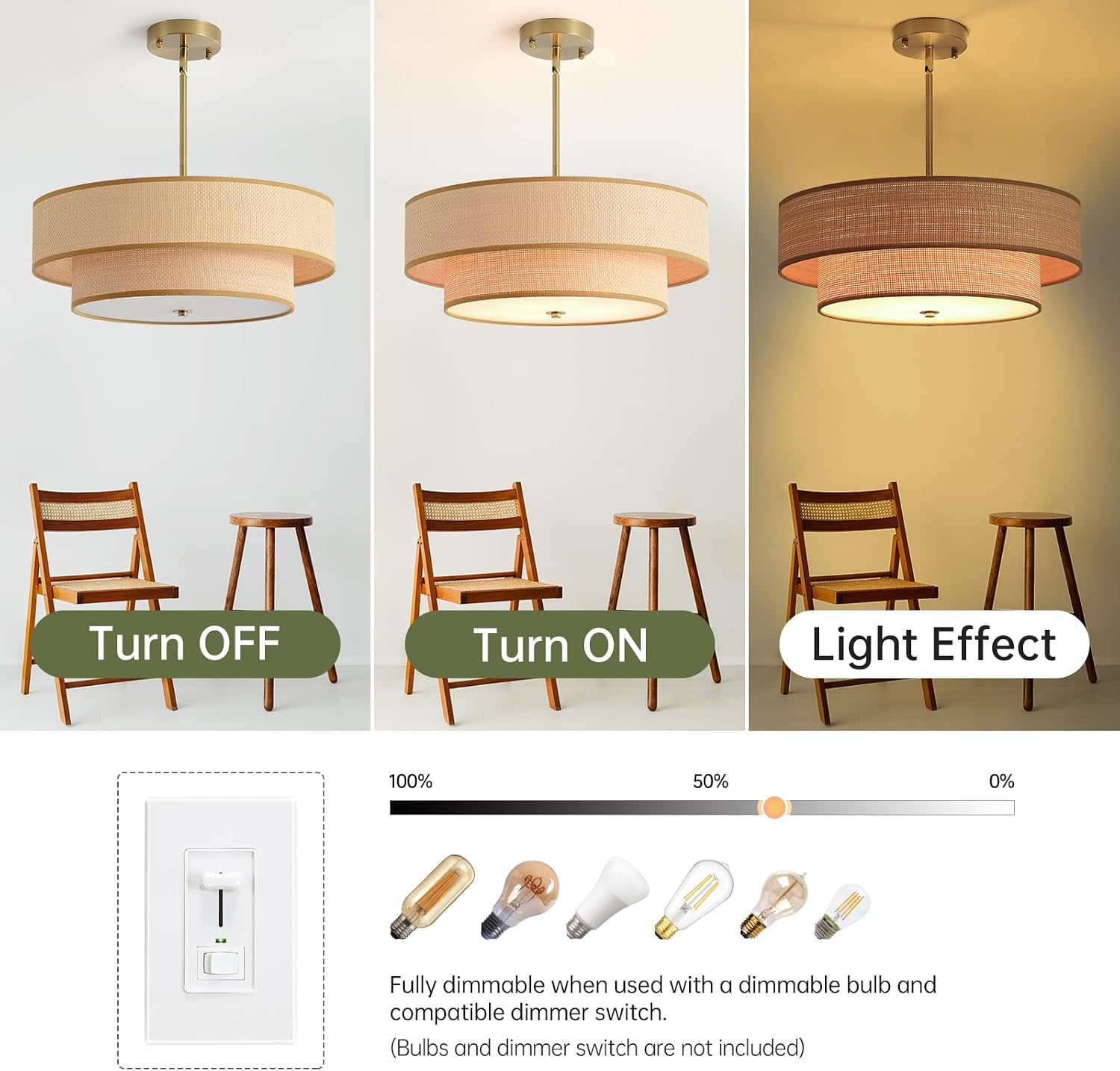 3-Light Brass Rattan Flush Mount Boho Light