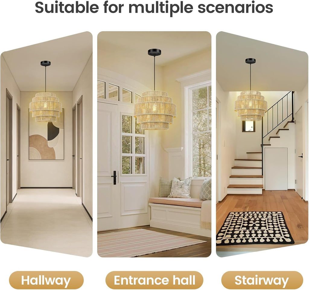 Beige 5-Tier Woven Rattan Boho Pendant Light