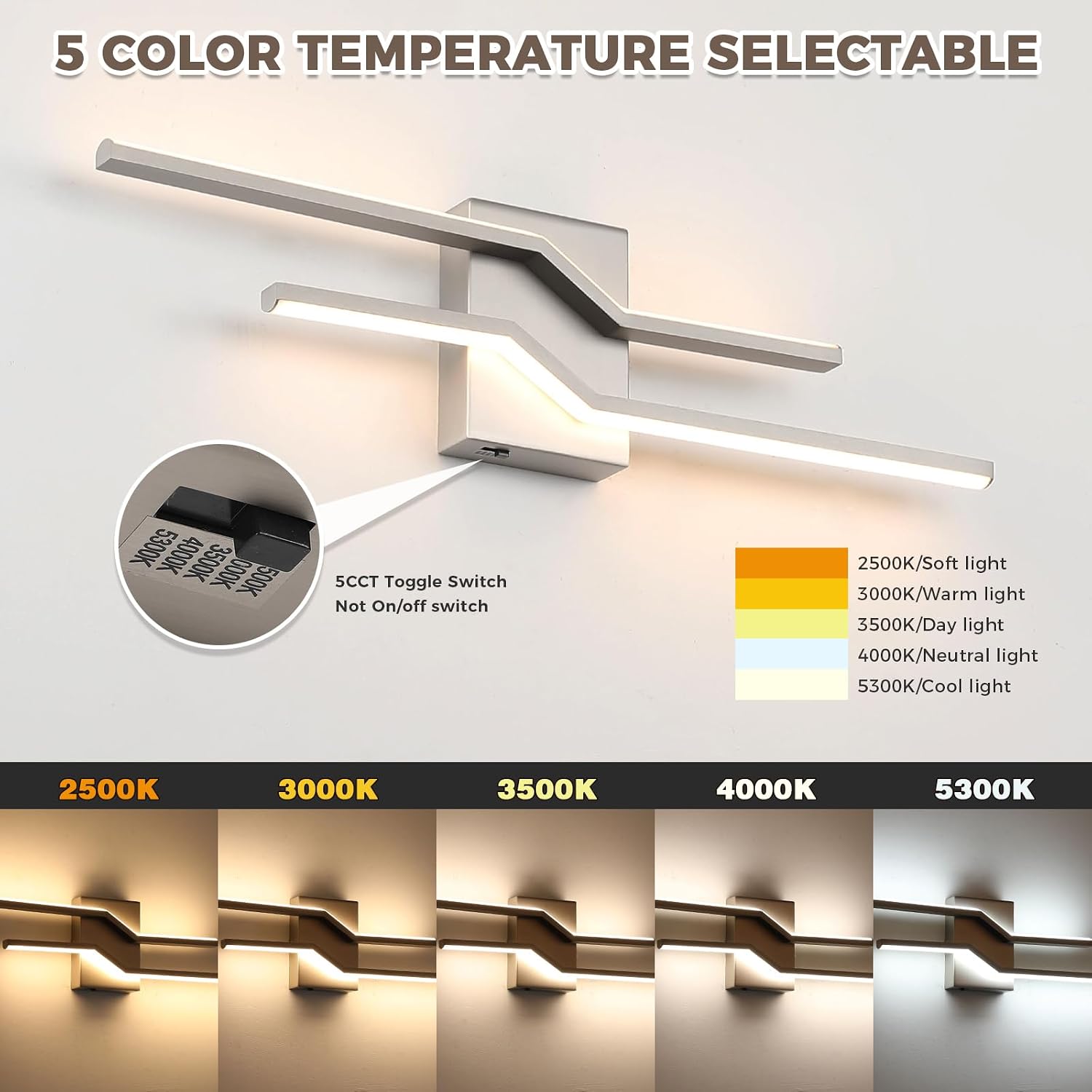 Brushed Nickel 5CCT LED Bathroom Vanity Light Bar