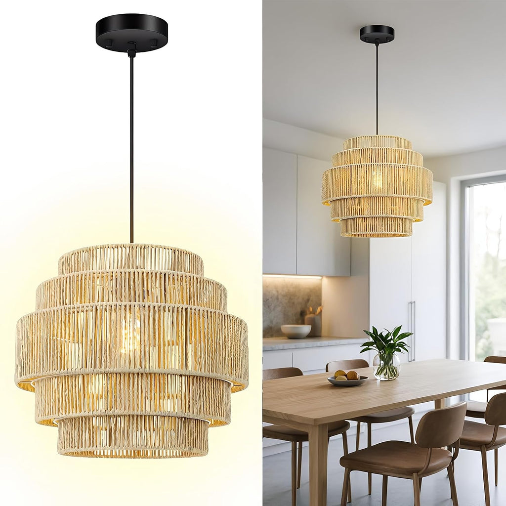 Beige 5-Tier Woven Rattan Boho Pendant Light
