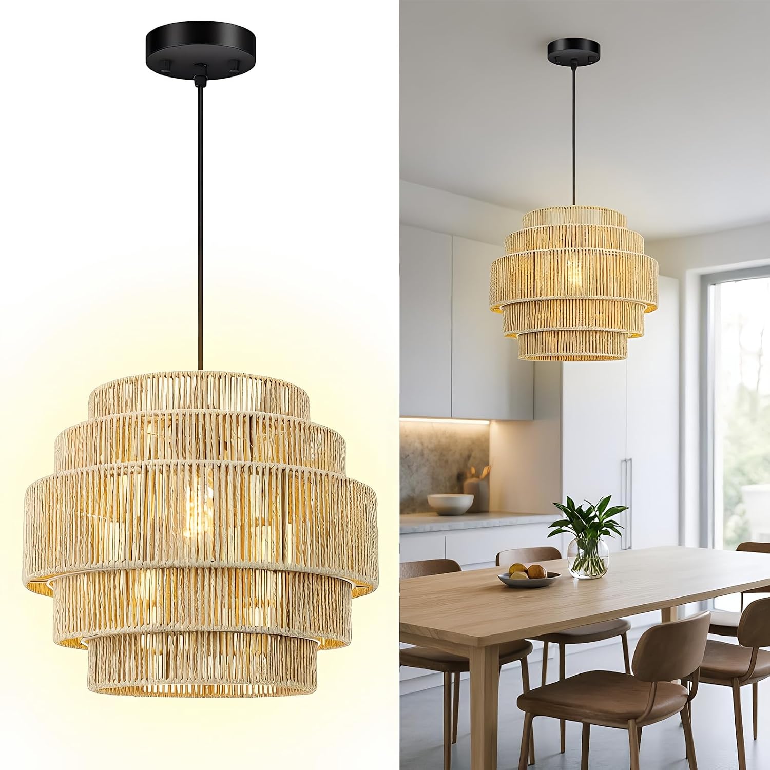 Beige 5-Tier Woven Rattan Boho Pendant Light