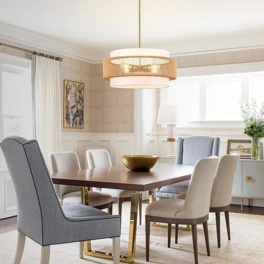 4-Light Fabric Shade Rattan Boho Chandelier