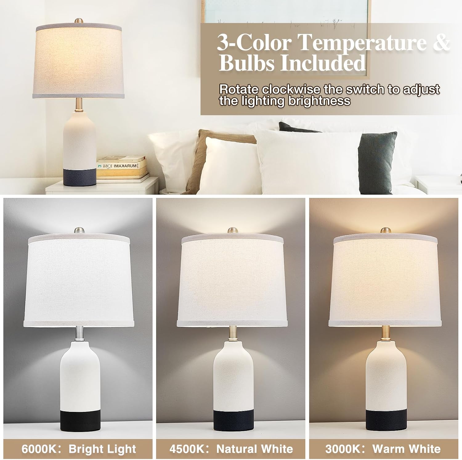 2 Pack Ceramic Bedside Table Lamps