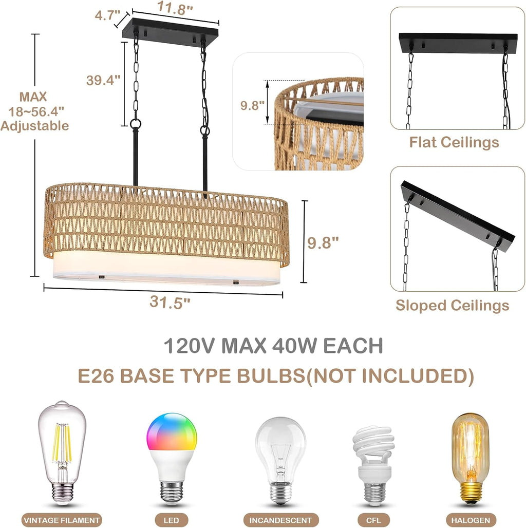 31.5" Linear Fabric Rattan 5-Light Farmhouse Chandelier