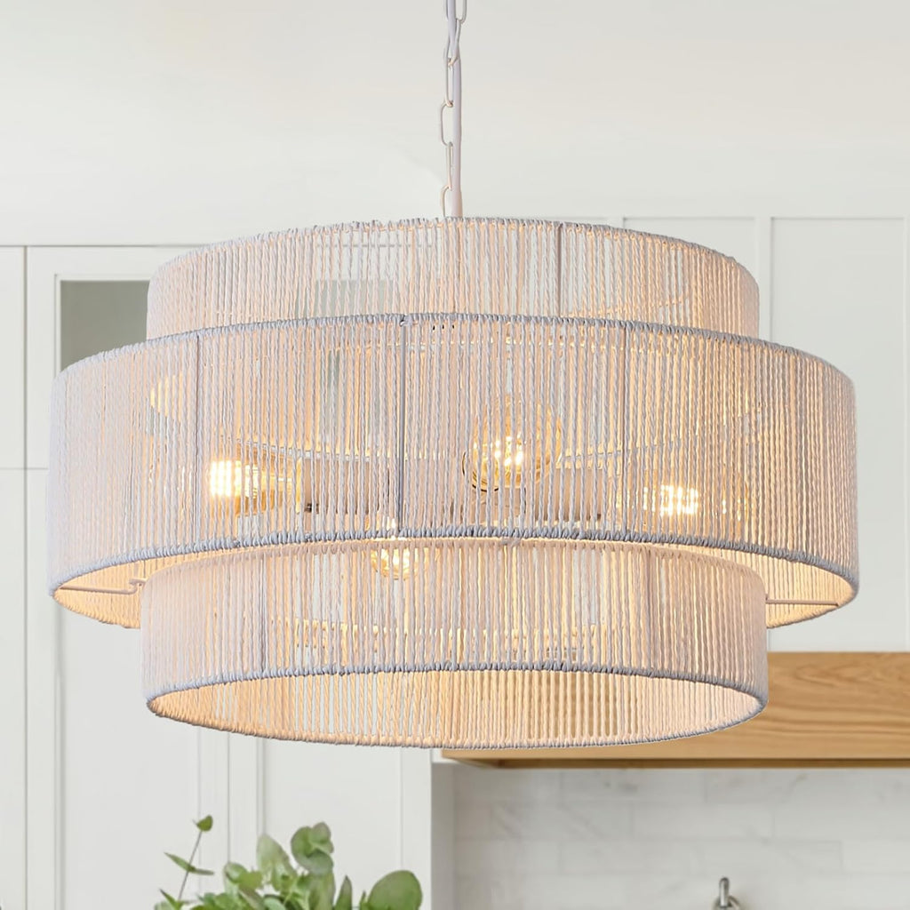3-Tier White Rattan Coastal Pendant Light