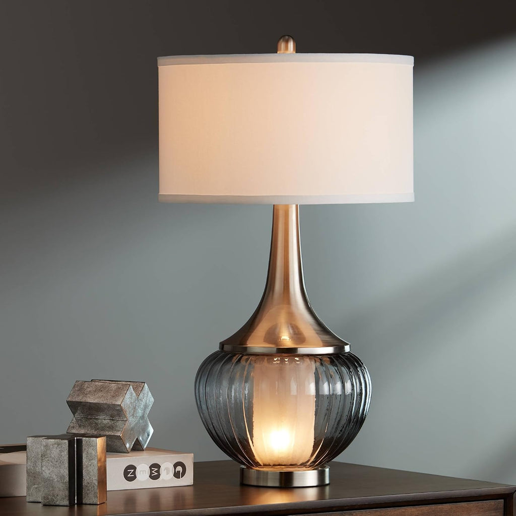Nickel Ribbed Glass Table Lamp