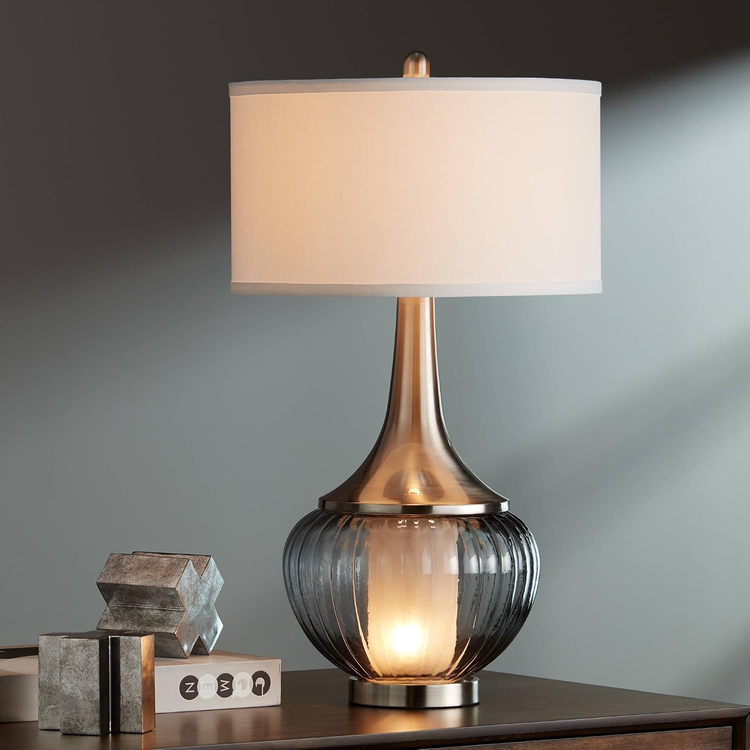 Nickel Ribbed Glass Table Lamp