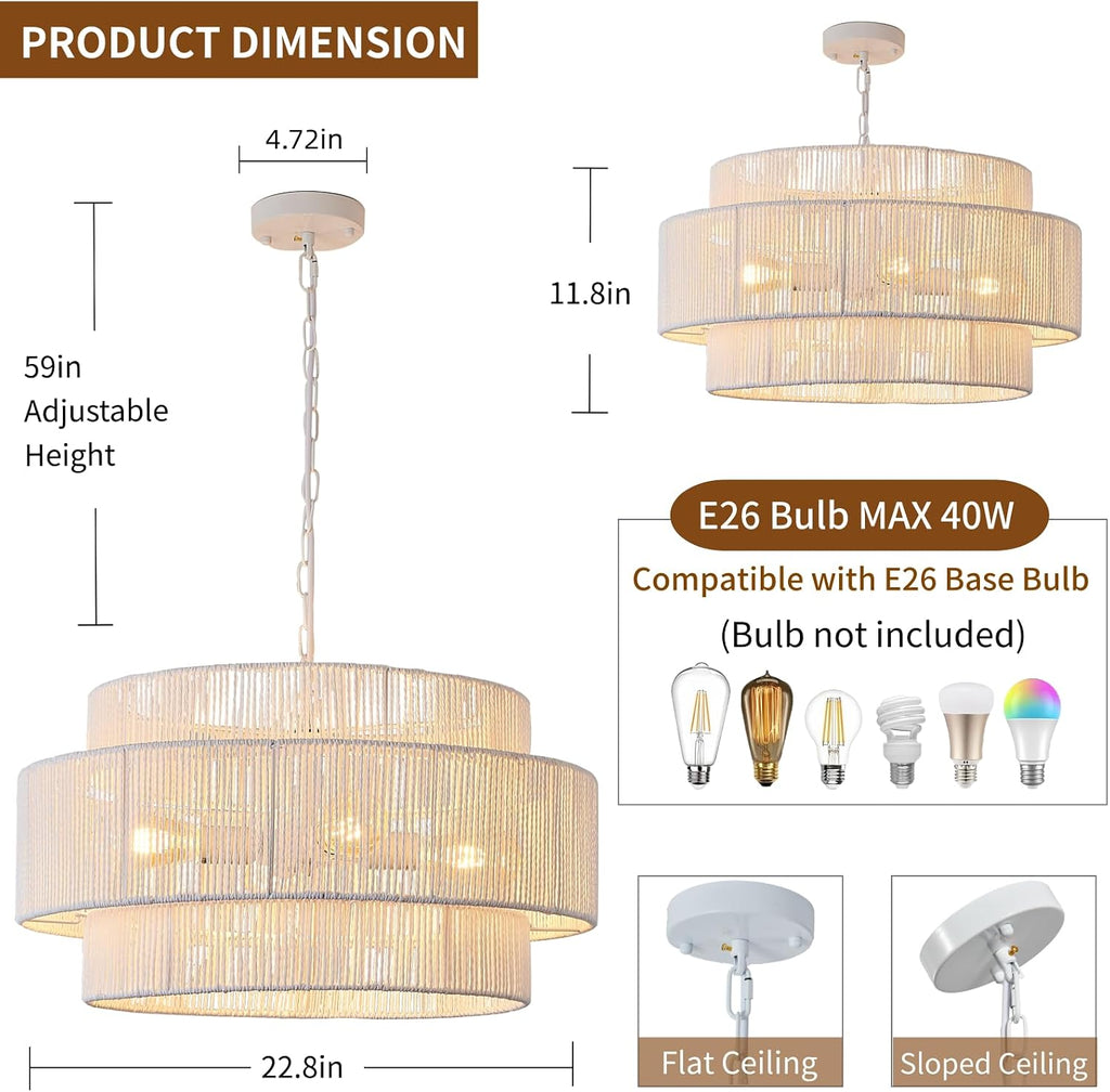 3-Tier White Rattan Coastal Pendant Light