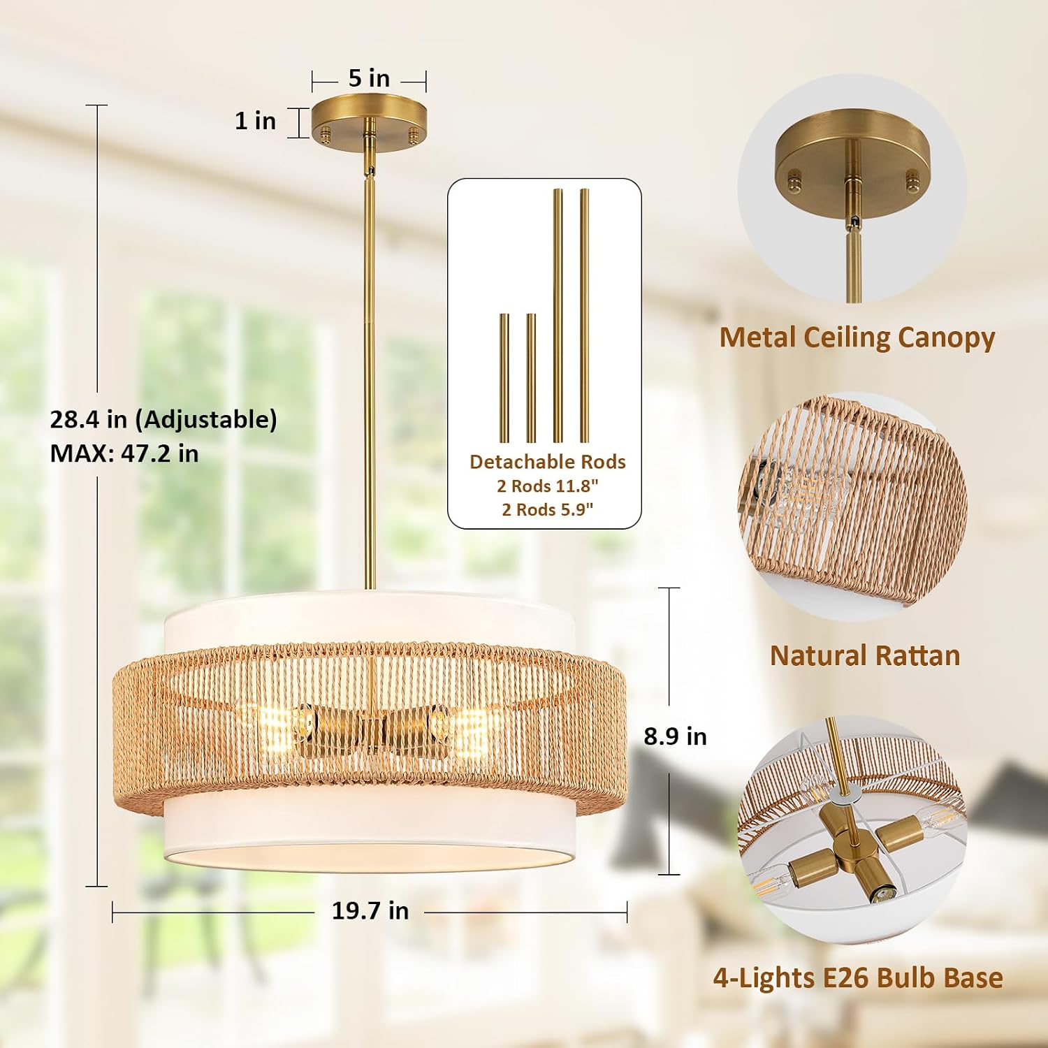 4-Light Fabric Shade Rattan Boho Chandelier