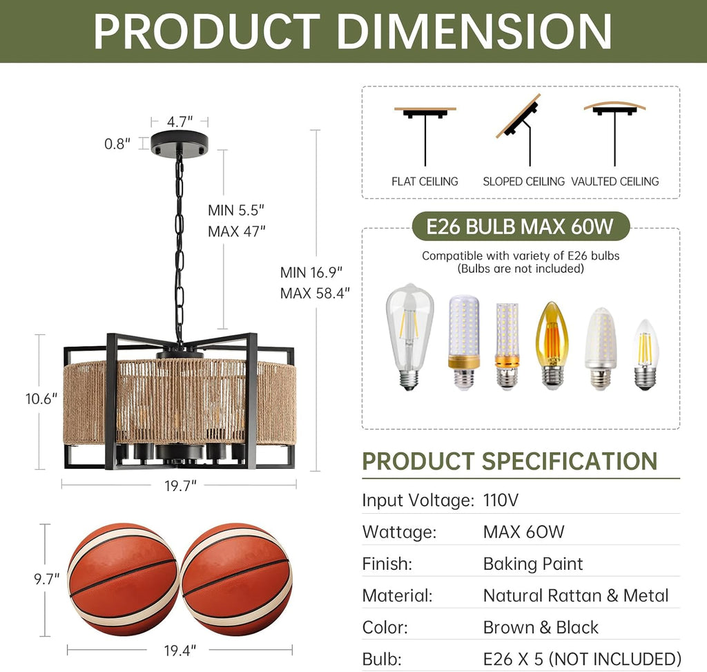 Black 5-Light Rattan Farmhouse Chandelier
