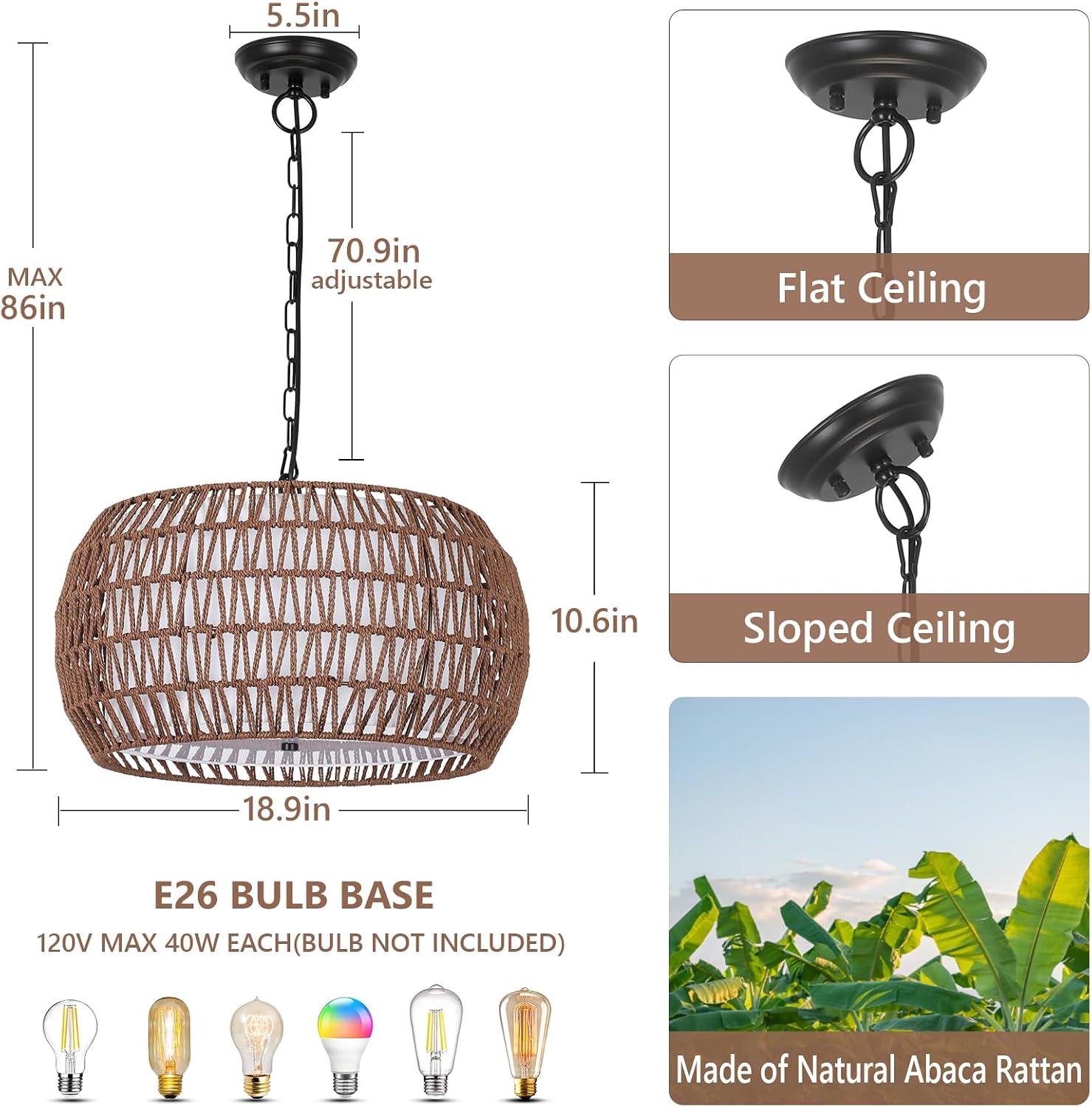 Dark Brown 5-Light Fabric Rattan Farmhouse Chandelier