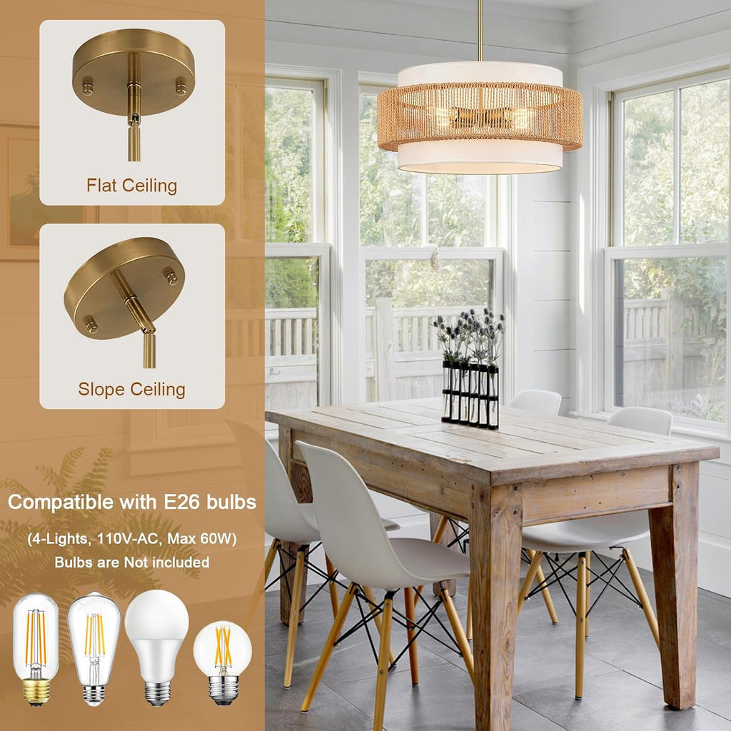 4-Light Fabric Shade Rattan Boho Chandelier