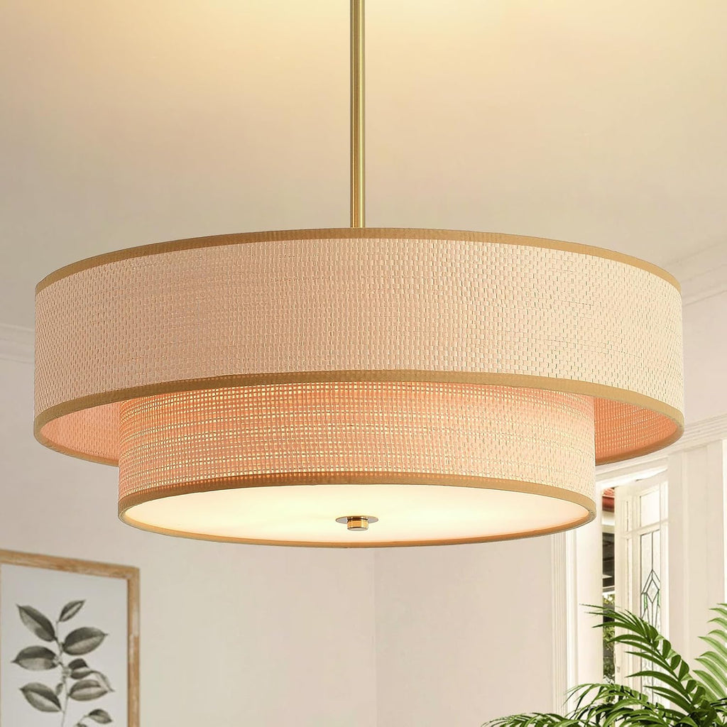 3-Light Brass Rattan Flush Mount Boho Light