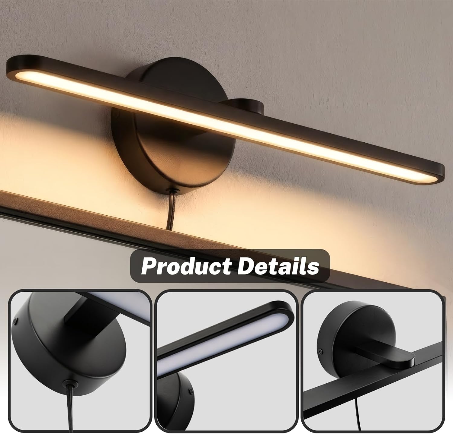 15" Rotatable Black IP44 Dimmable LED Vanity Light