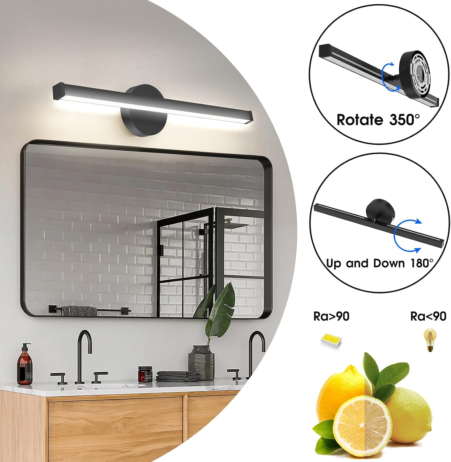 23 Inch Rotatable Black LED Vanity Light with Night Light