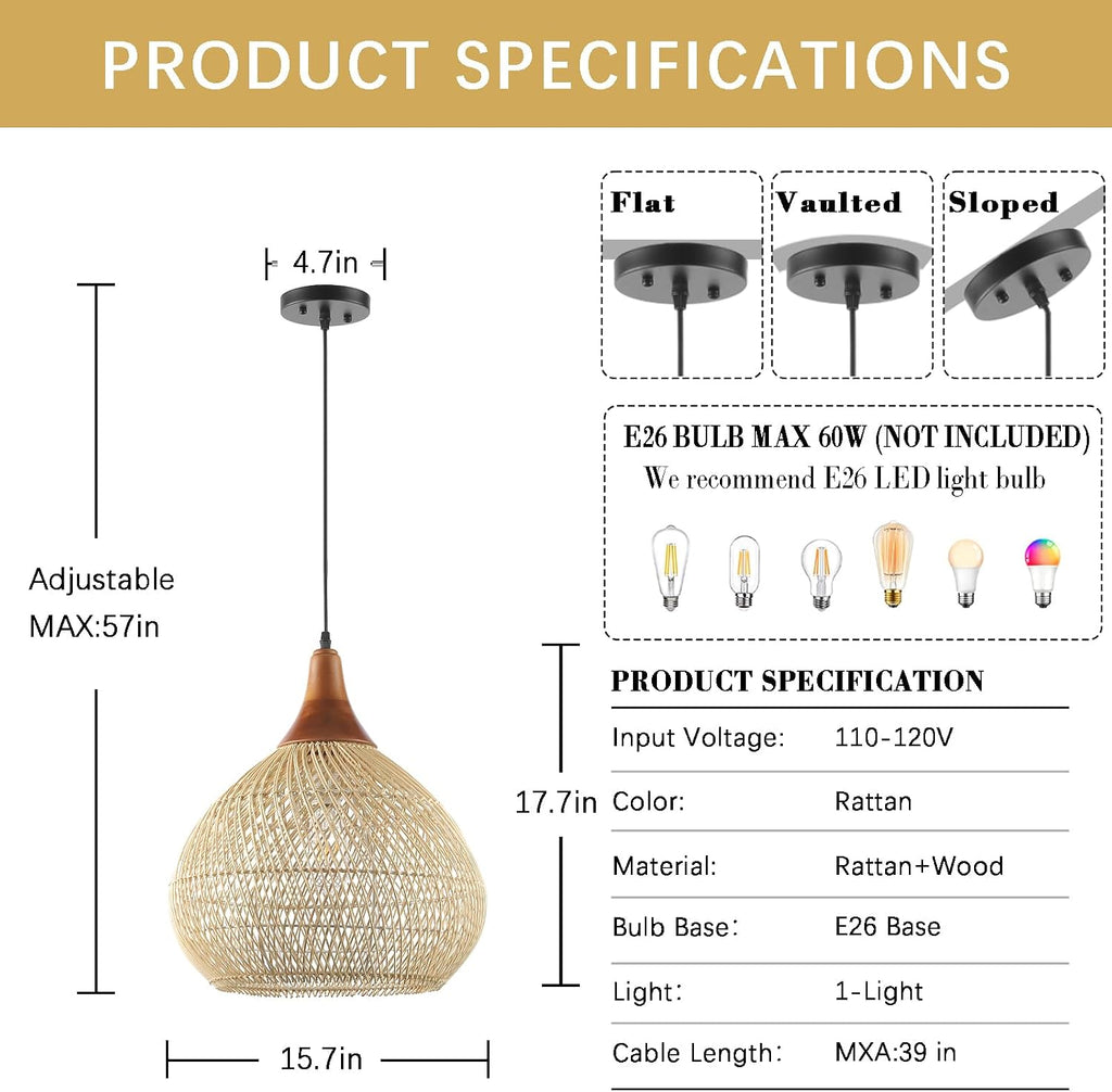 Wood Basket Woven Rattan Pendant Light
