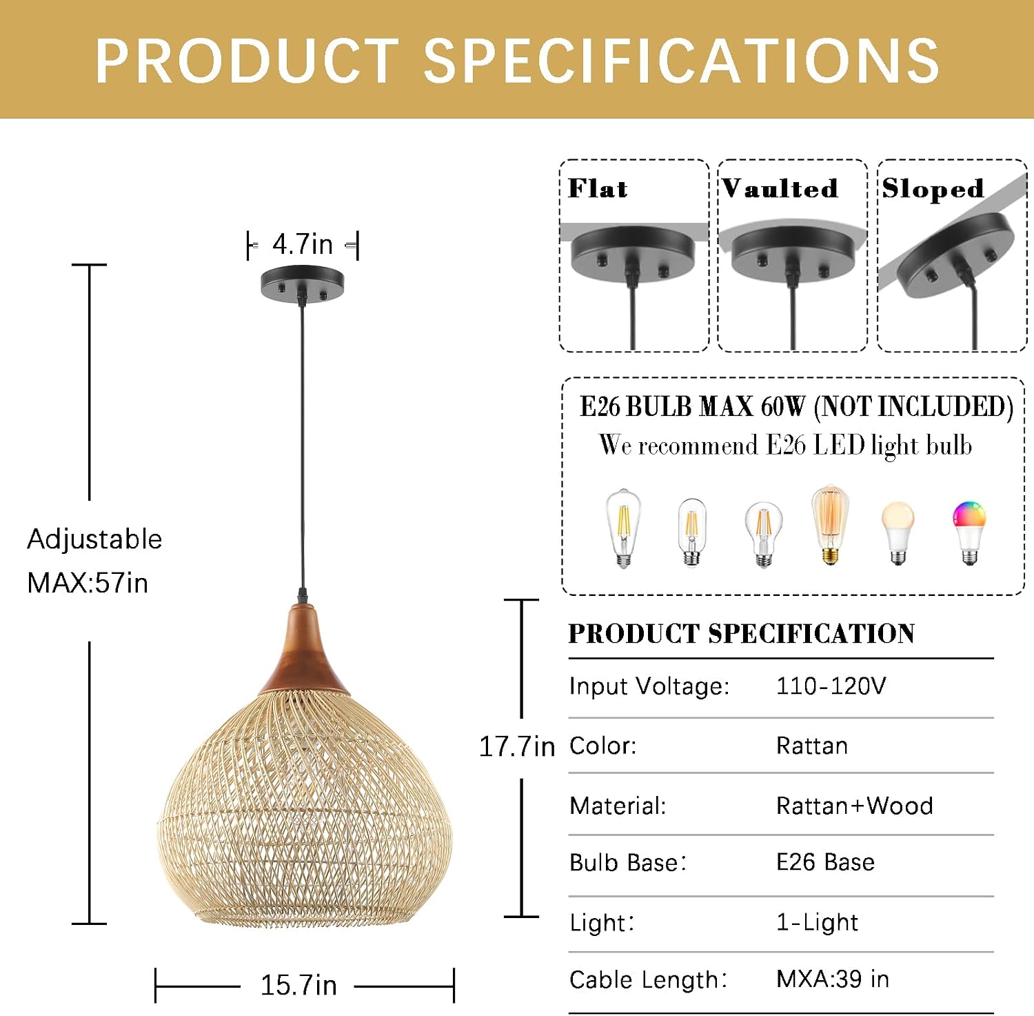 Wood Basket Woven Rattan Pendant Light