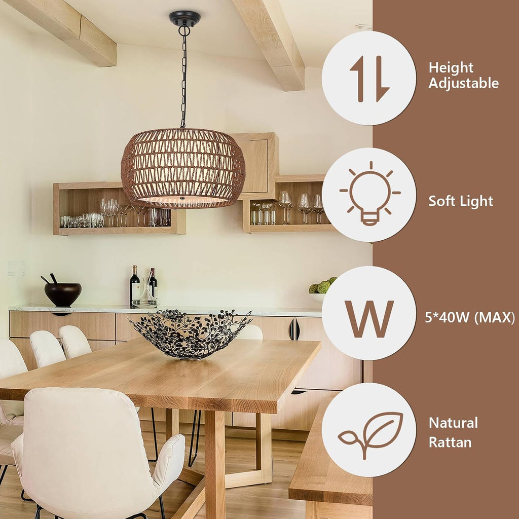 Dark Brown 5-Light Fabric Rattan Farmhouse Chandelier