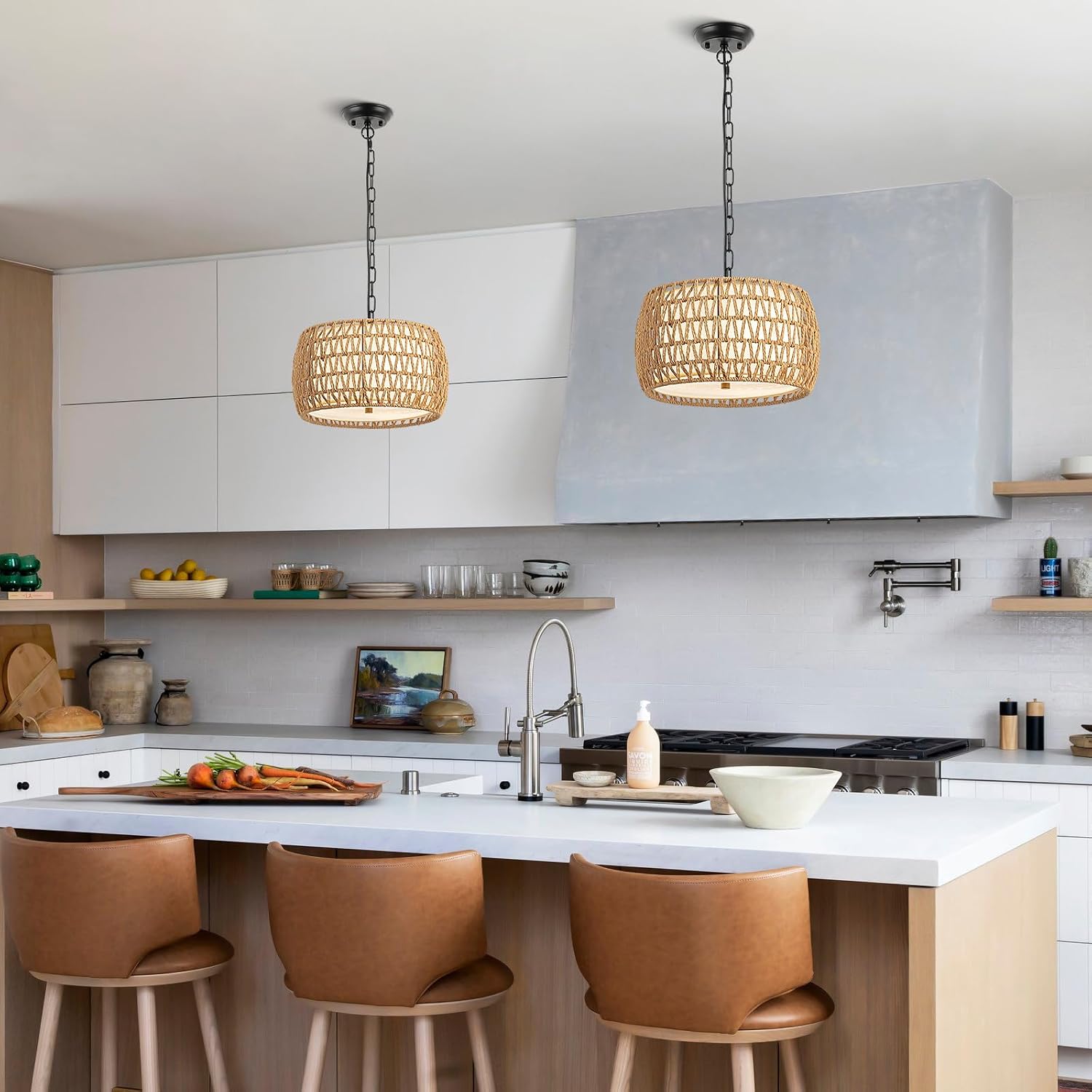3-Light Drum Rattan Boho Pendant Light